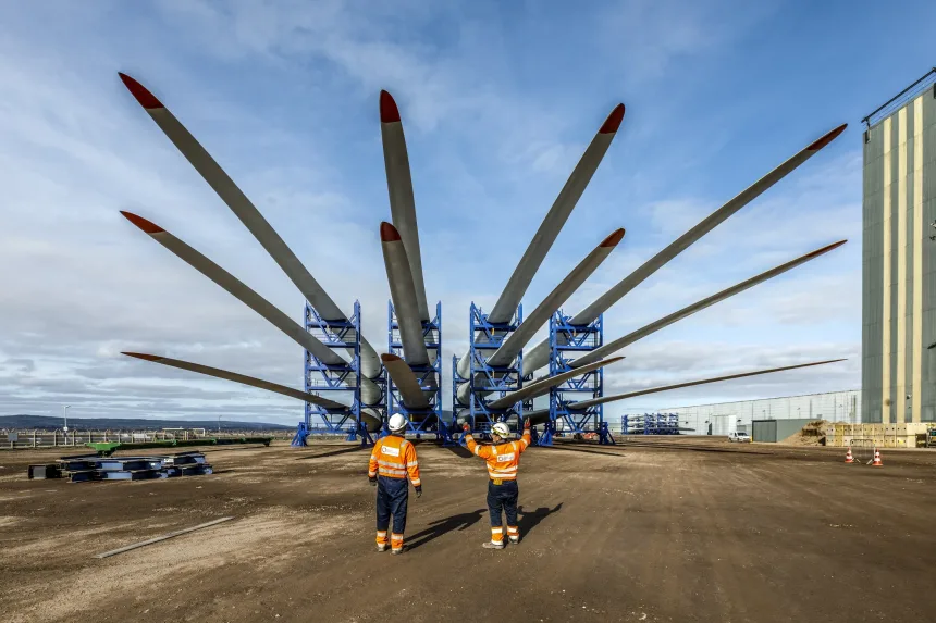 Workers with wind turbine blades port of nigg 2946x1964